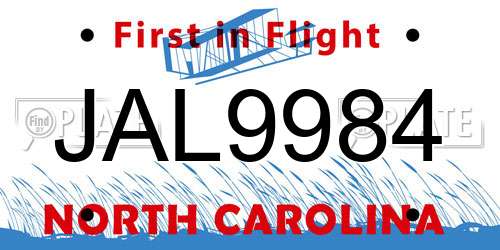 JAL9984 North Carolina License Plate