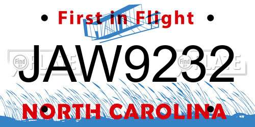 JAW9232 North Carolina License Plate