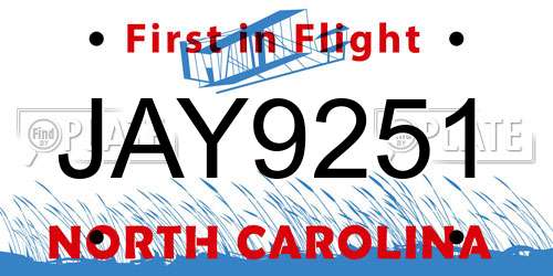JAY9251 North Carolina License Plate