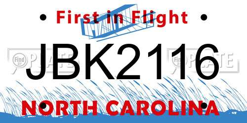 JBK2116 North Carolina License Plate