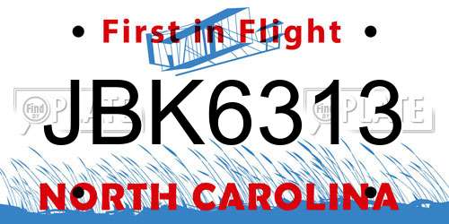 JBK6313 North Carolina License Plate