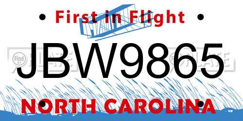 JBW9865 North Carolina License Plate
