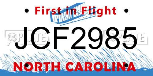 JCF2985 North Carolina License Plate