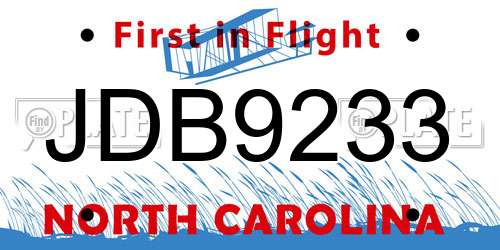JDB9233 North Carolina License Plate