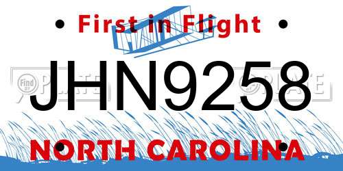 JHN9258 North Carolina License Plate
