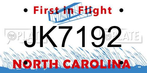 JK7192 North Carolina License Plate