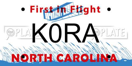K0RA North Carolina License Plate