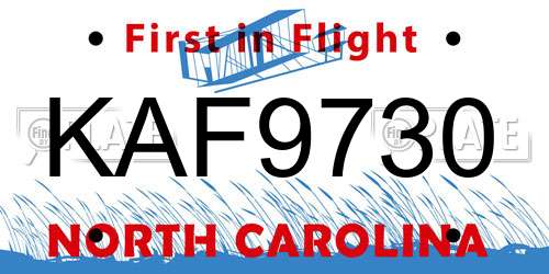 KAF9730 North Carolina License Plate