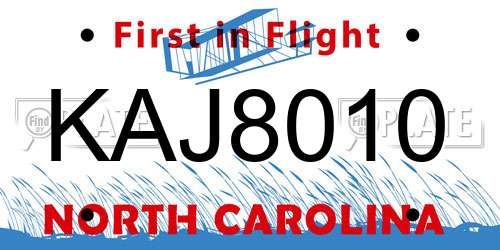 KAJ8010 North Carolina License Plate