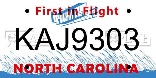 KAJ9303 North Carolina License Plate