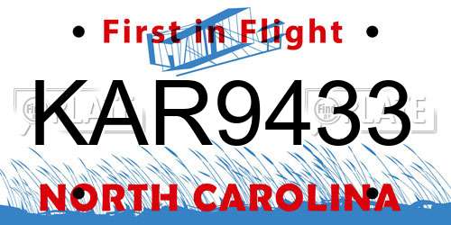 KAR9433 North Carolina License Plate