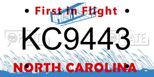 KC9443 North Carolina License Plate
