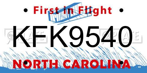 KFK9540 North Carolina License Plate