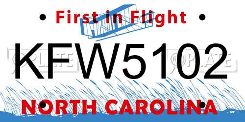 KFW5102 North Carolina License Plate