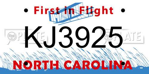KJ3925 North Carolina License Plate
