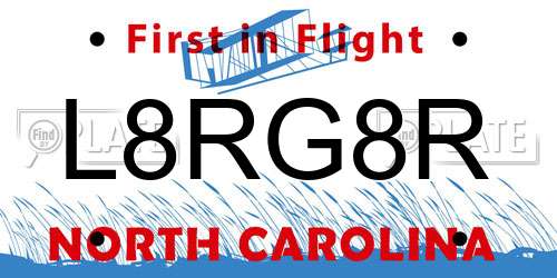 L8RG8R North Carolina License Plate