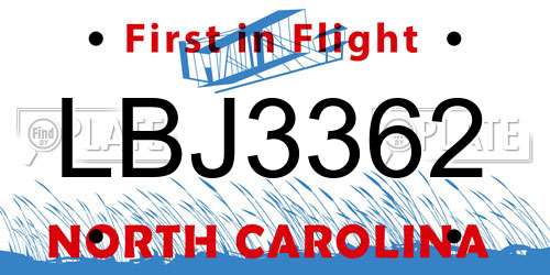 LBJ3362 North Carolina License Plate