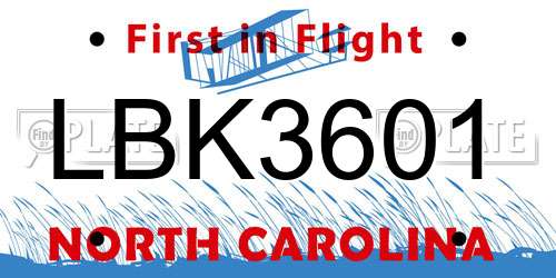 LBK3601 North Carolina License Plate