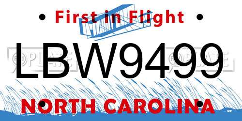 LBW9499 North Carolina License Plate