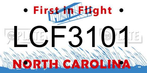 LCF3101 North Carolina License Plate