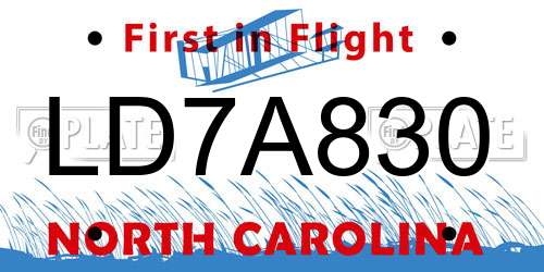 LD7A830 North Carolina License Plate