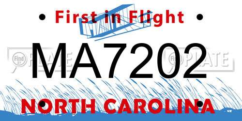 MA7202 North Carolina License Plate