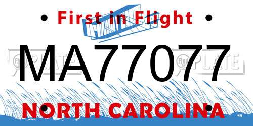 MA77077 North Carolina License Plate