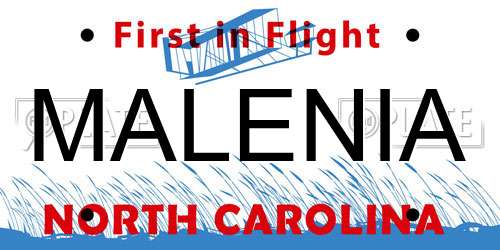 MALENIA North Carolina License Plate
