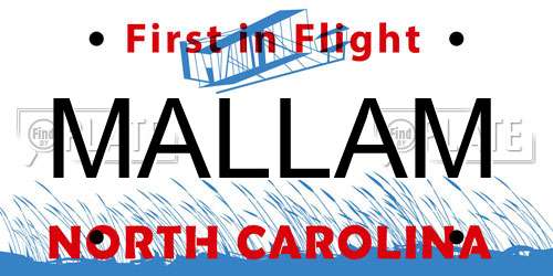 MALLAM North Carolina License Plate