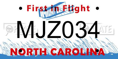 MJZ034 North Carolina License Plate