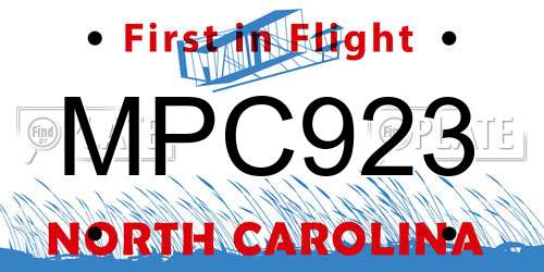 MPC923 North Carolina License Plate