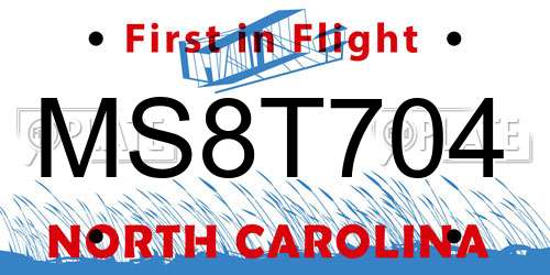 MS8T704 North Carolina License Plate