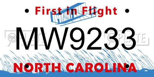 MW9233 North Carolina License Plate