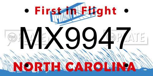 MX9947 North Carolina License Plate
