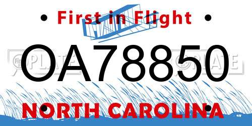 OA78850 North Carolina License Plate
