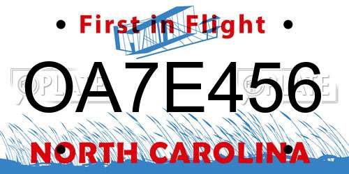 OA7E456 North Carolina License Plate