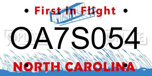 OA7S054 North Carolina License Plate