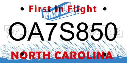 OA7S850 North Carolina License Plate