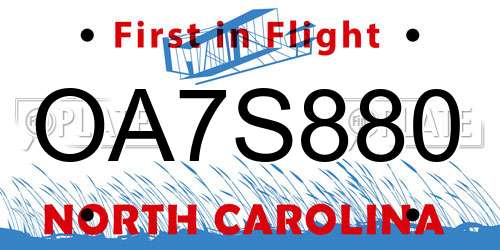 OA7S880 North Carolina License Plate
