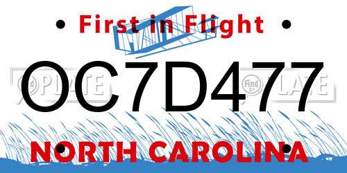 OC7D477 North Carolina License Plate