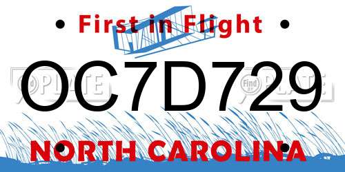 OC7D729 North Carolina License Plate