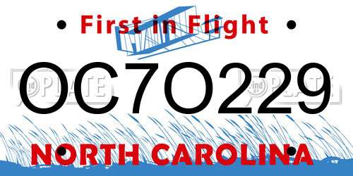 OC7O229 North Carolina License Plate