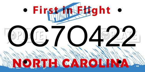 OC7O422 North Carolina License Plate
