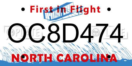 OC8D474 North Carolina License Plate