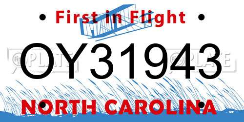 OY31943 North Carolina License Plate