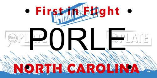 P0RLE North Carolina License Plate