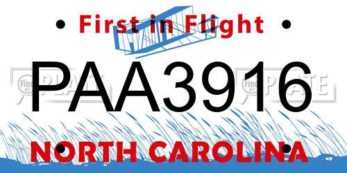 PAA3916 North Carolina License Plate