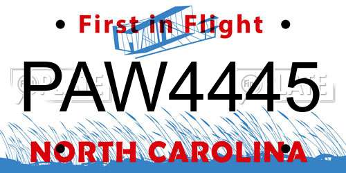 PAW4445 North Carolina License Plate