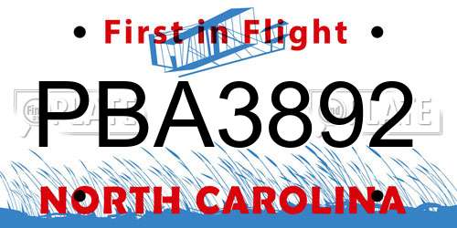 PBA3892 North Carolina License Plate
