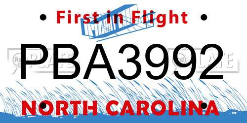 PBA3992 North Carolina License Plate